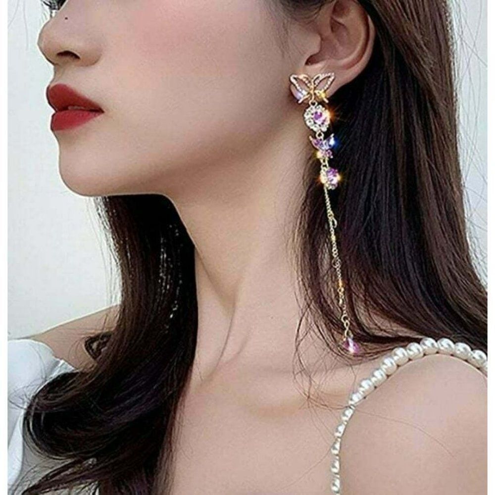 DAINTY Lilac Long Tassels Butterfly Earrings Dainty Silver Drop Statement Drop - Picture 3 of 4
